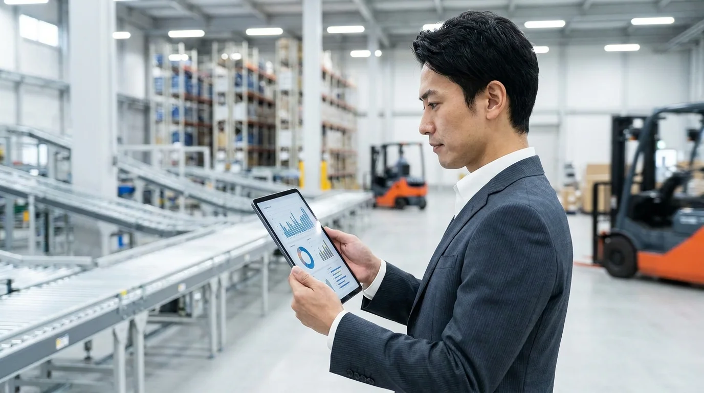 A professional logistics specialist analyzing supply chain performance on a tablet, with a blurred background of a high-efficiency distribution center, focusing on data-driven business strategy.
