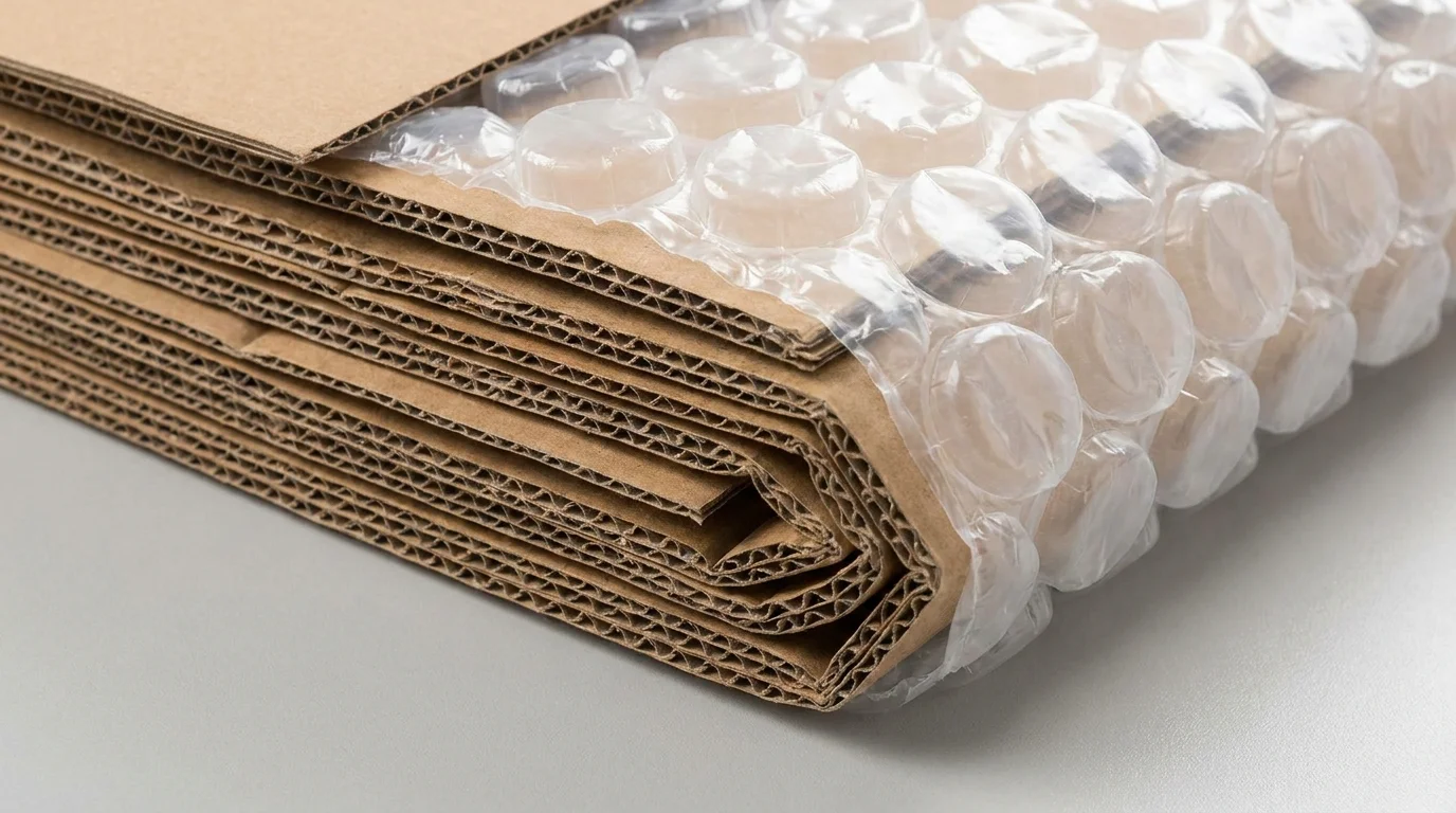 Close-up of high-quality corrugated cardboard material and bubble wrap used for secure e-commerce packaging, highlighting the texture and durability of logistics supplies.