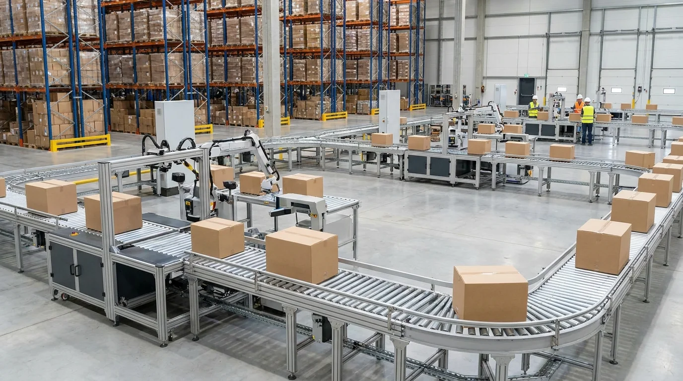 An organized distribution center showing automated sorting systems and standardized packaging boxes moving along a conveyor belt for optimized last-mile delivery.