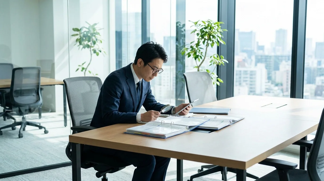 Legal professional examining corporate compliance standards and risk assessment documents in a modern office environment.
