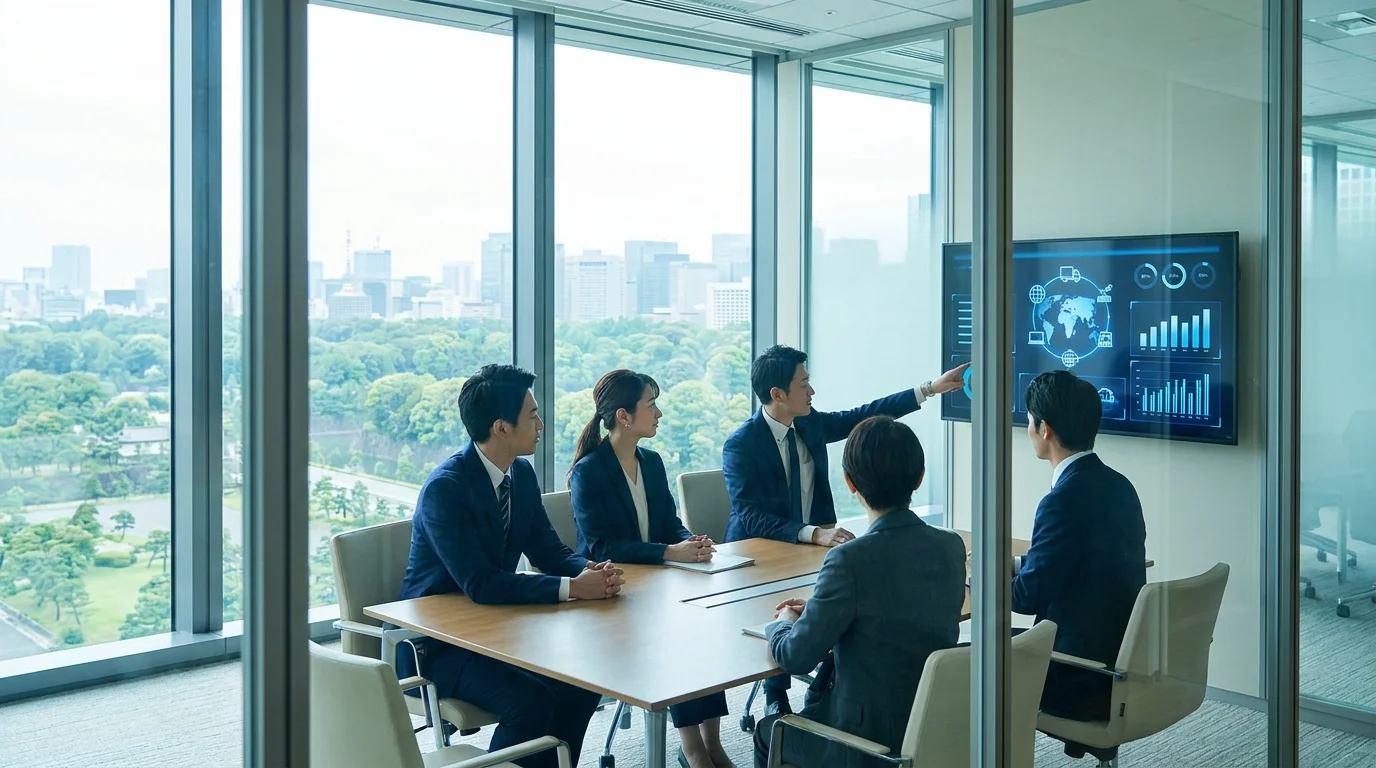 A professional in a business suit sitting in a modern boardroom, carefully examining a physical legal contract alongside a digital tablet showing international compliance checklists. The background features a blurred urban skyline.
