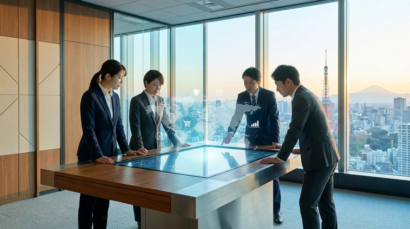A sophisticated Japanese business dashboard showing a detailed 2026 annual promotion calendar with seasonal sales peaks, data charts, and strategic marketing milestones for an e-commerce store.