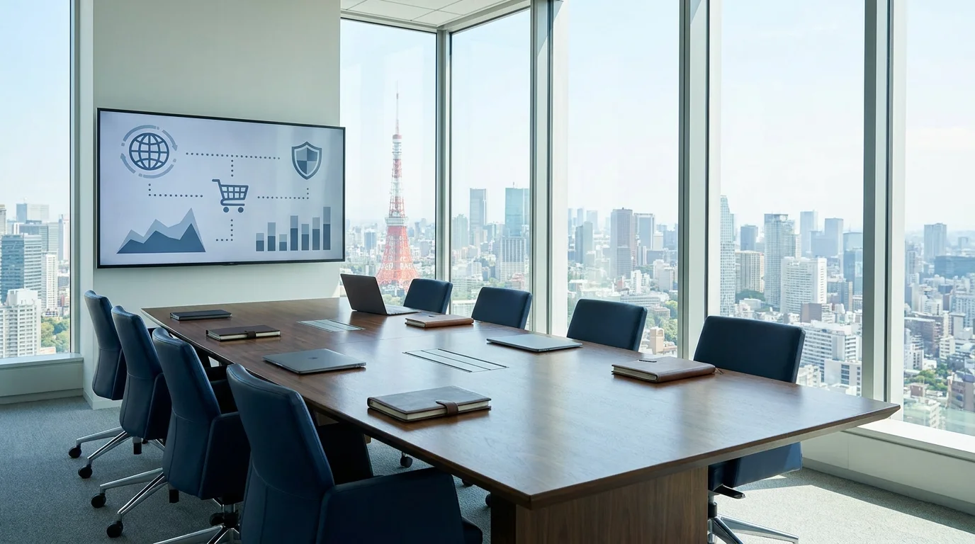 A high-tech digital interface in a Japanese corporate setting, displaying real-time e-commerce analytics for the first quarter. The screen shows Japanese text and bar charts comparing year-over-year sales growth during the March sales peak.