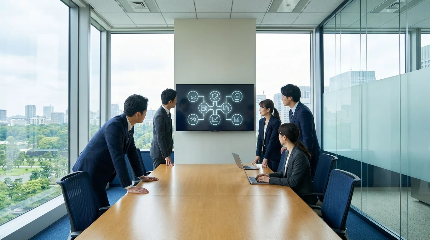 Japanese data analysts working in a modern office, reviewing large monitors that display inventory levels and logistic workflows. The environment is professional and focused on optimizing the supply chain for a major online shopping event.