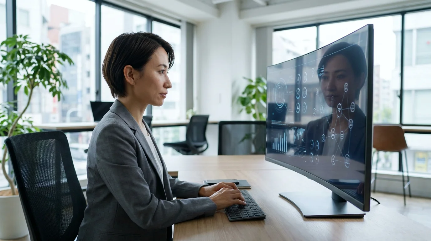 A high-tech digital dashboard displaying real-time e-commerce performance metrics, conversion rates, and promotional coupon distribution data on a sleek glass screen in a modern Japanese corporate environment.