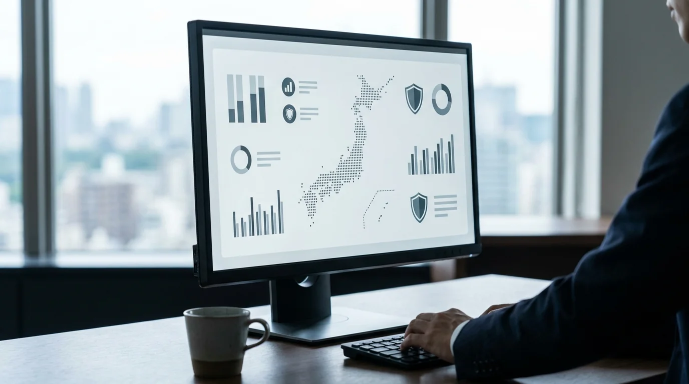 A high-tech digital dashboard displaying Amazon account health metrics and document verification status on a clean, modern interface in a Japanese corporate office setting. The focus is on data accuracy and compliance. No corporate signage visible.