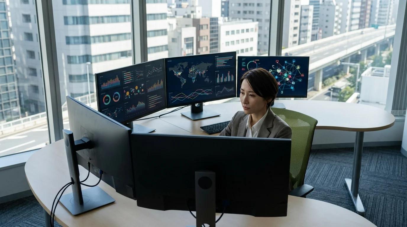 A professional Japanese data analyst in a bright, modern office reviewing supply chain documents and digital invoices for compliance verification. The atmosphere is meticulous and professional.