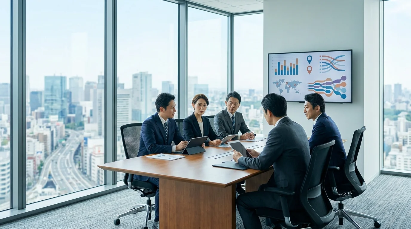 A strategic planning session in a Tokyo conference room. Professionals are analyzing charts and compliance checklists to optimize EC store operations. No brand logos visible.