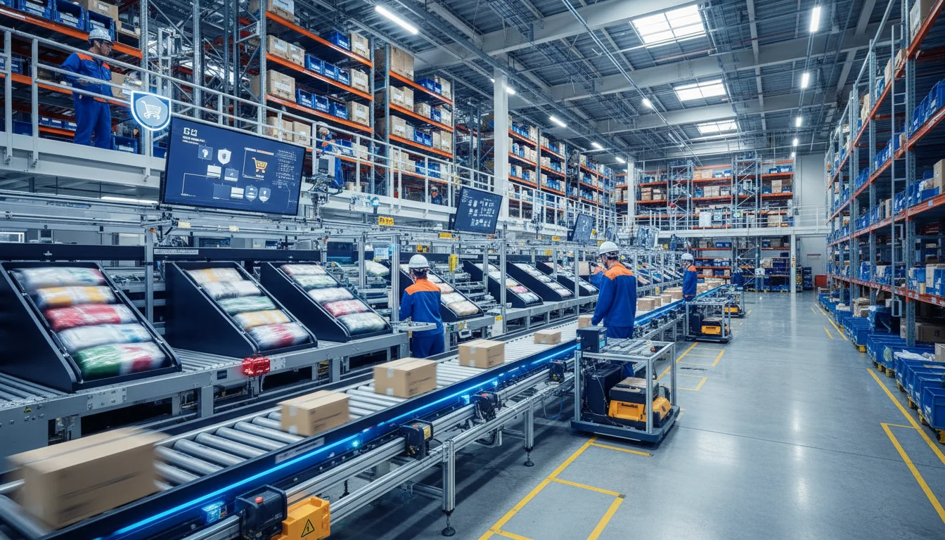 A high-tech Japanese logistics fulfillment center with automated sorting systems and digital screens displaying real-time shipping data, representing efficient supply chain management.