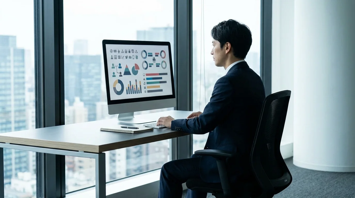 A professional Japanese data analyst examining real-time e-commerce performance metrics on a high-resolution dashboard, focusing on high-point back campaign results in a modern Tokyo office setting.