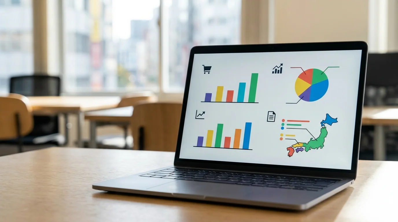 A clean, modern Japanese office workspace with a focus on a laptop screen displaying e-commerce search ranking improvements and organic traffic growth trends.