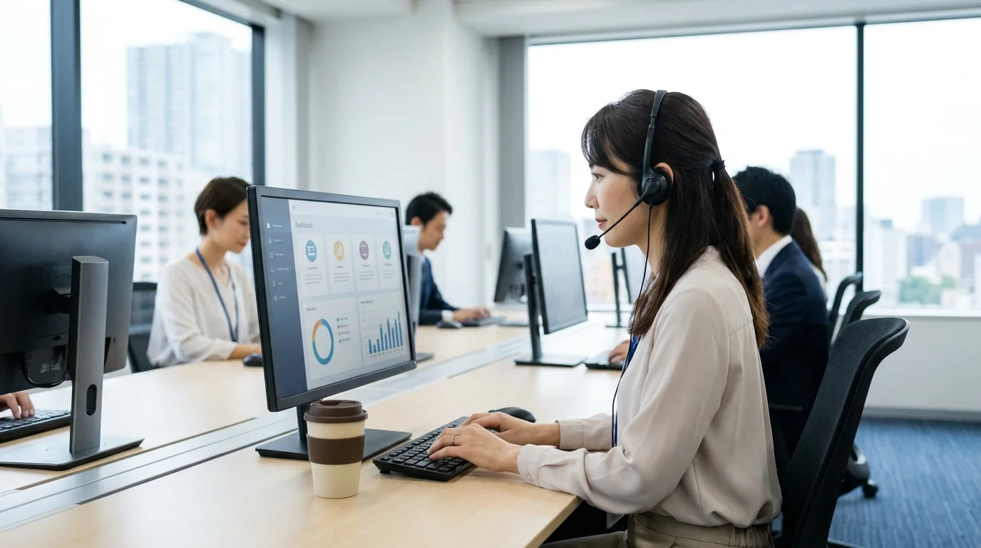 A clean and professional Japanese office environment showing a digital dashboard for reverse logistics and return processing. The screen displays charts and data visualizations of return rates and processing times, emphasizing efficiency and tech-driven management. No brand names are visible.