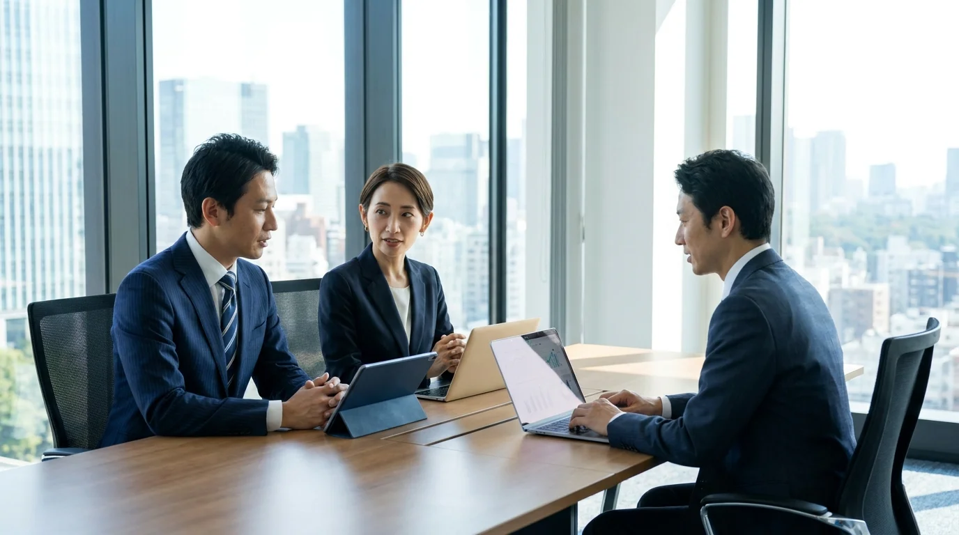 A group of three Japanese professionals in business attire standing in a modern office, looking at a large digital screen displaying a logistics flow chart. One Japanese data analyst points to a specific metric on the screen. The atmosphere is collaborative and tech-focused, representing a Japanese corporate environment.