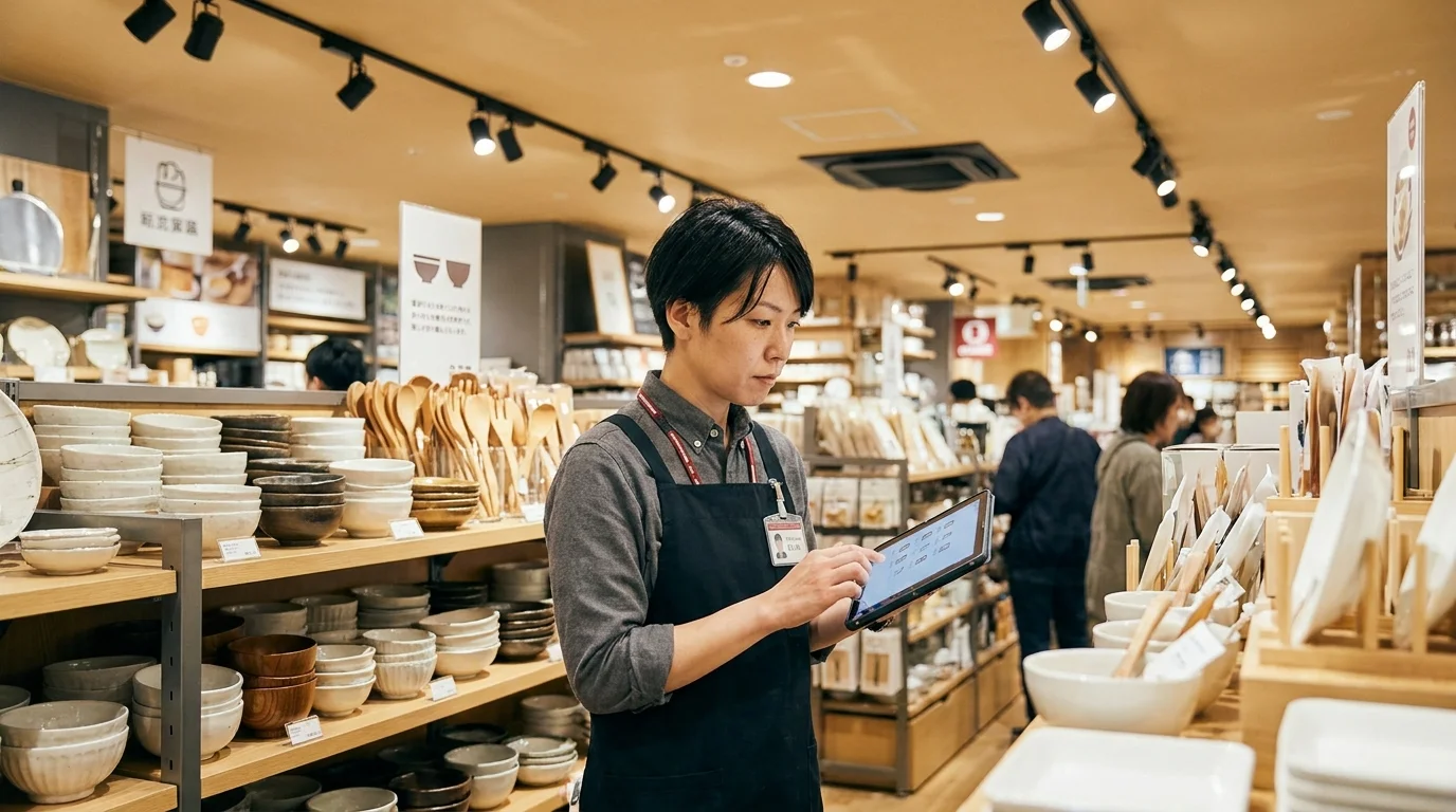A focused Japanese store manager in a professional setting reviewing an analytics dashboard on a laptop. The screen shows Japanese text and bar graphs representing customer feedback and return trends. The background is a clean, minimalist Japanese office space.