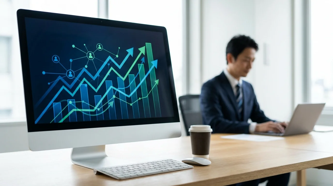 A conceptual data visualization showing e-commerce conversion rate growth with upward arrows and digital charts on a clean background, representing business success in Rakuten Ichiba.