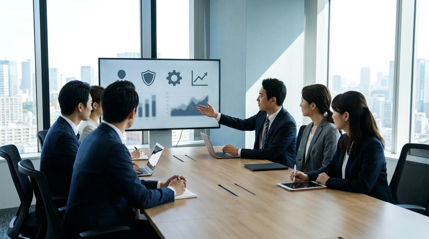 Detailed analytics dashboard on a screen in a Japanese office setting. A Japanese data analyst is reviewing conversion rate trends on a high-resolution monitor with charts and spreadsheets.