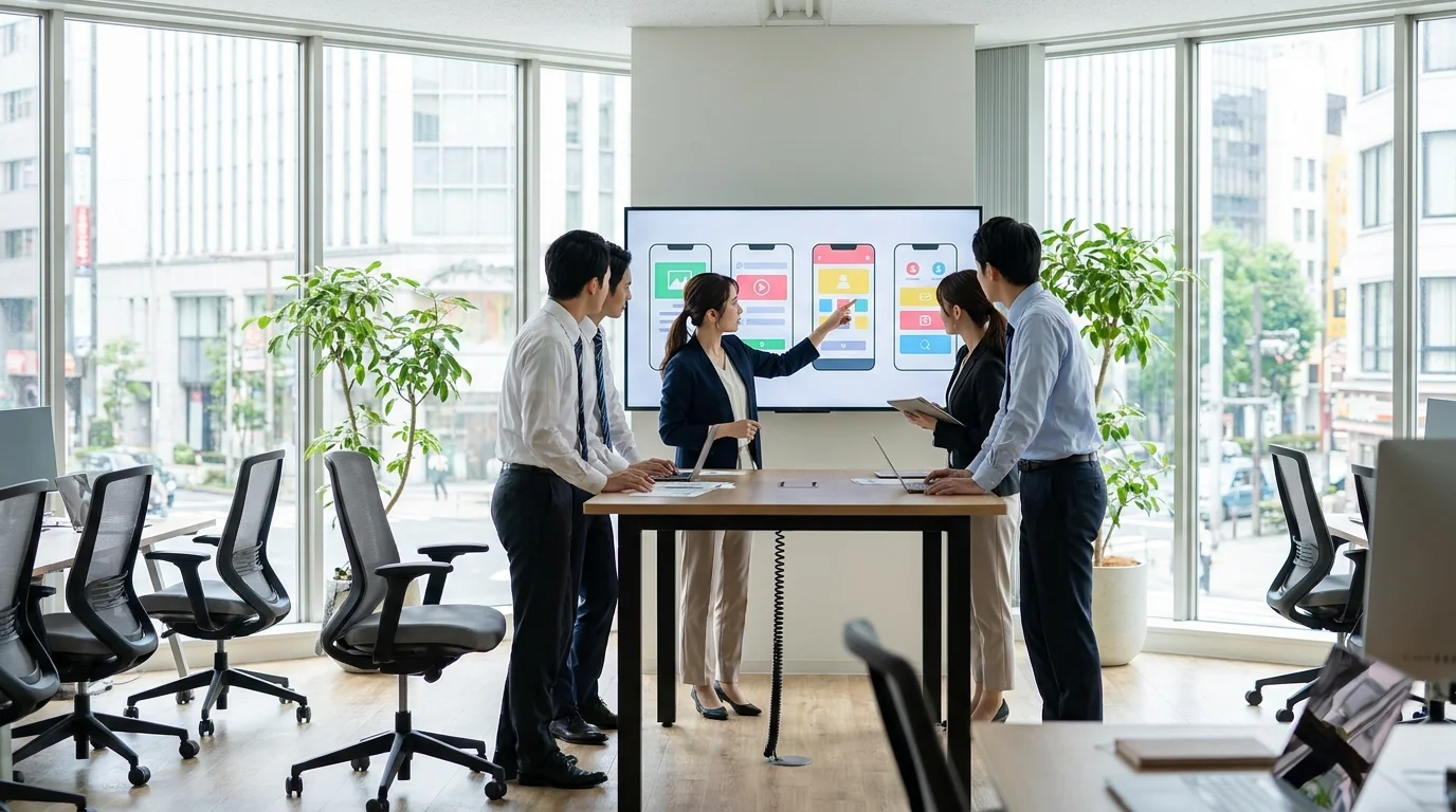Japanese marketing professionals in a bright, modern Tokyo office discussing mobile UI designs on a whiteboard. They are focusing on improving the user experience for a Rakuten shop.