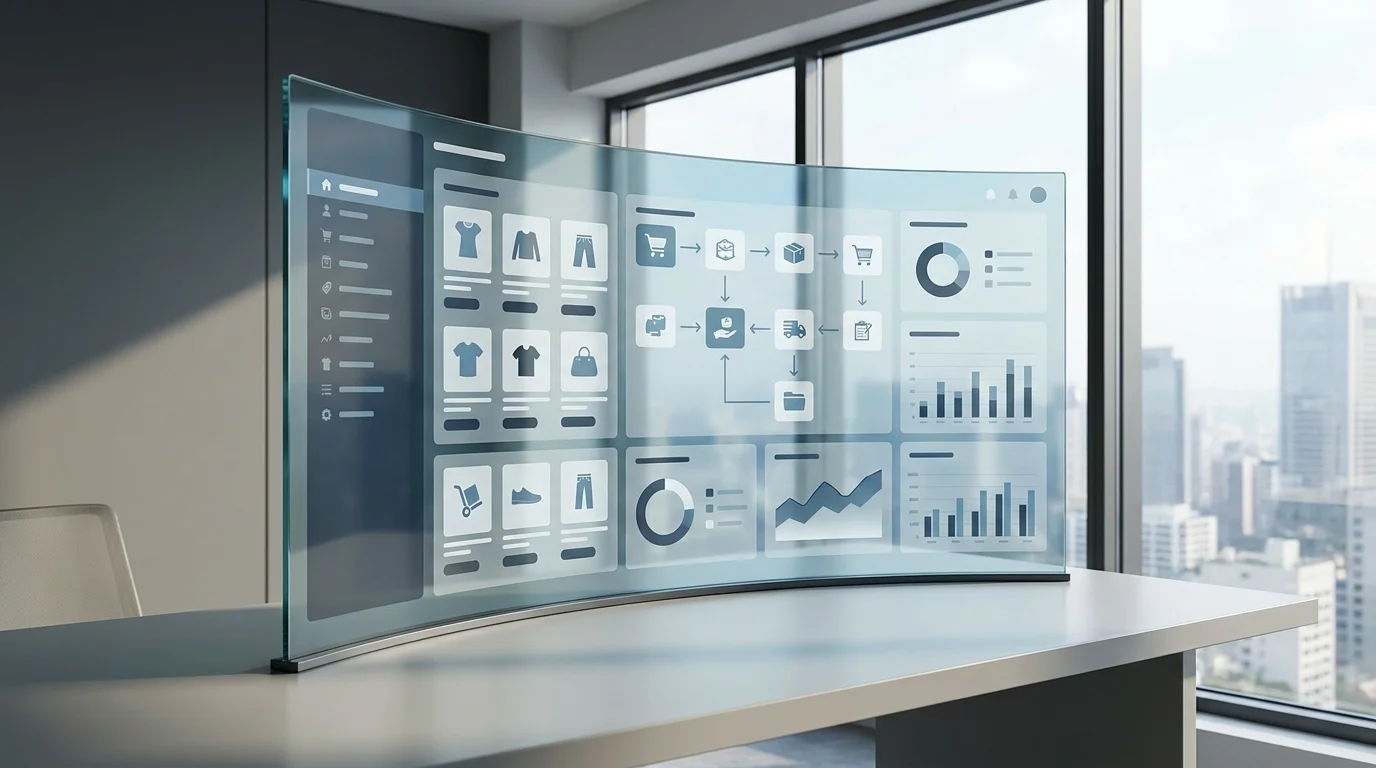A high-tech digital dashboard displaying e-commerce conversion rate metrics, data charts, and UI/UX analysis tools on a sleek glass screen in a modern Japanese corporate environment.