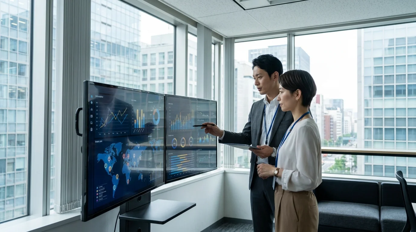 Professional Japanese data analysts in a Tokyo boardroom reviewing a screen filled with customer sentiment analysis, review ratings, and sales growth charts.