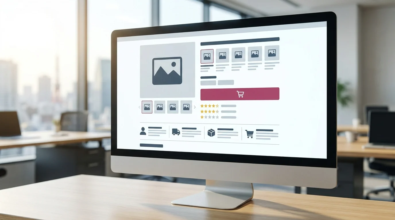A conceptual visualization of a high-converting Rakuten product page layout on a high-resolution monitor, featuring structured data, high-quality product imagery, and a clean user interface design without any brand logos.