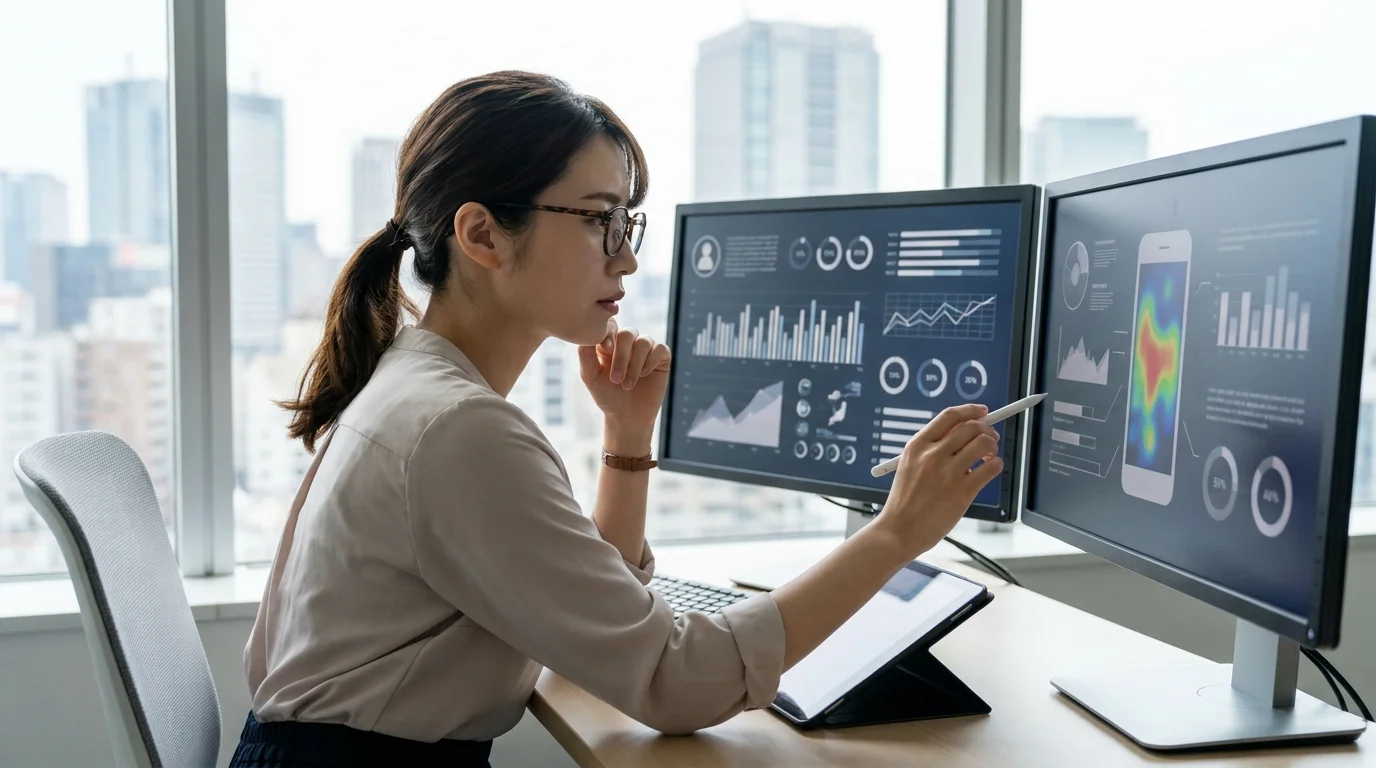 A professional Japanese data analyst examining mobile user behavior metrics on a tablet, with a clean office background in Tokyo, focusing on improving the mobile shopping experience for Rakuten users.