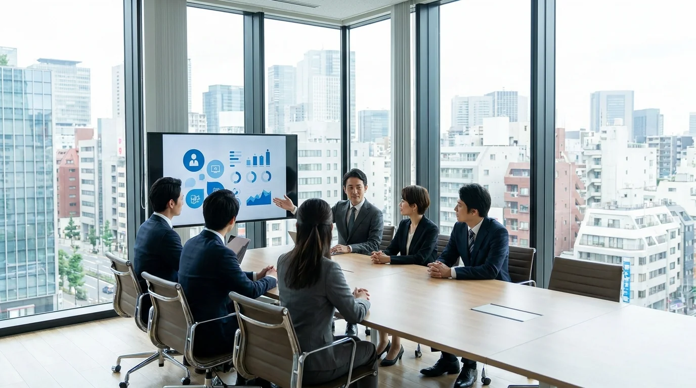 A high-tech digital dashboard displaying real-time e-commerce sales data, growth charts, and strategic marketing KPIs for a Japanese marketplace campaign, set in a modern Tokyo office environment with clean architectural lines.