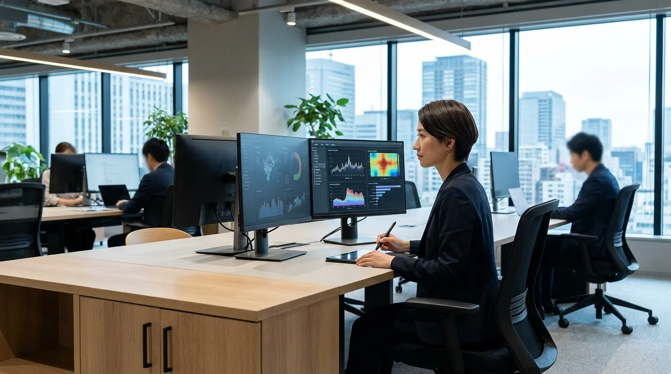 A Japanese digital marketing professional analyzing complex performance metrics on a multi-monitor setup in a Tokyo skyscraper office. The screens show detailed line graphs, heatmaps of user behavior, and Japanese text interfaces for ad management tools.