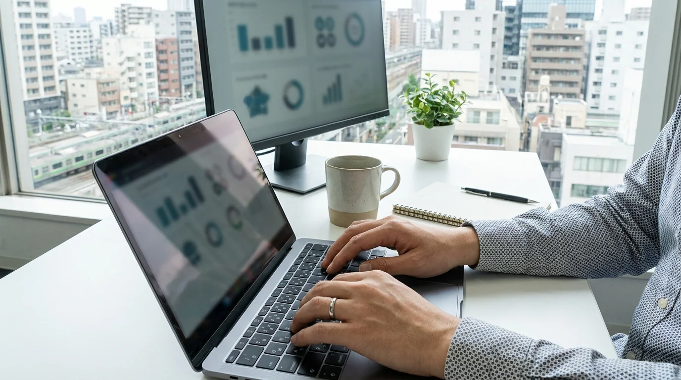 A close-up shot of a Japanese e-commerce manager's hands typing on a laptop, with a notebook filled with strategic notes in Japanese and a tablet showing a search engine results page with various product listings. The setting is a bright, organized Japanese workspace.