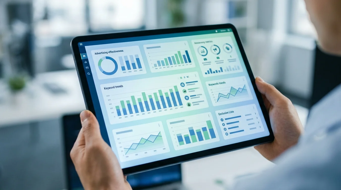 Close-up of a digital screen displaying complex e-commerce advertising metrics and keyword exclusion lists. The interface is professional and data-rich, focusing on Japanese market analytics.