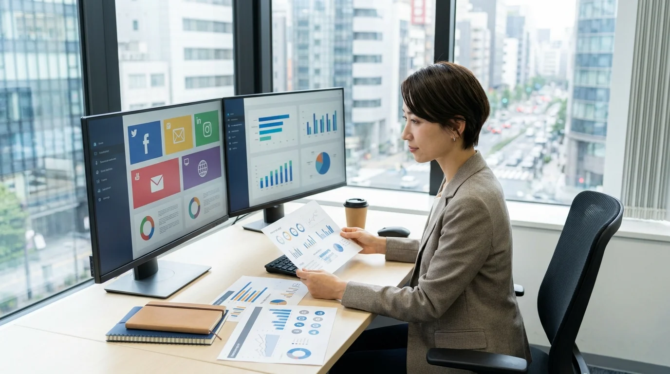 A professional Japanese data analyst examining multi-channel marketing reports on a large monitor in a modern office in Chiyoda-ku, Tokyo. The scene emphasizes precision and strategic planning.
