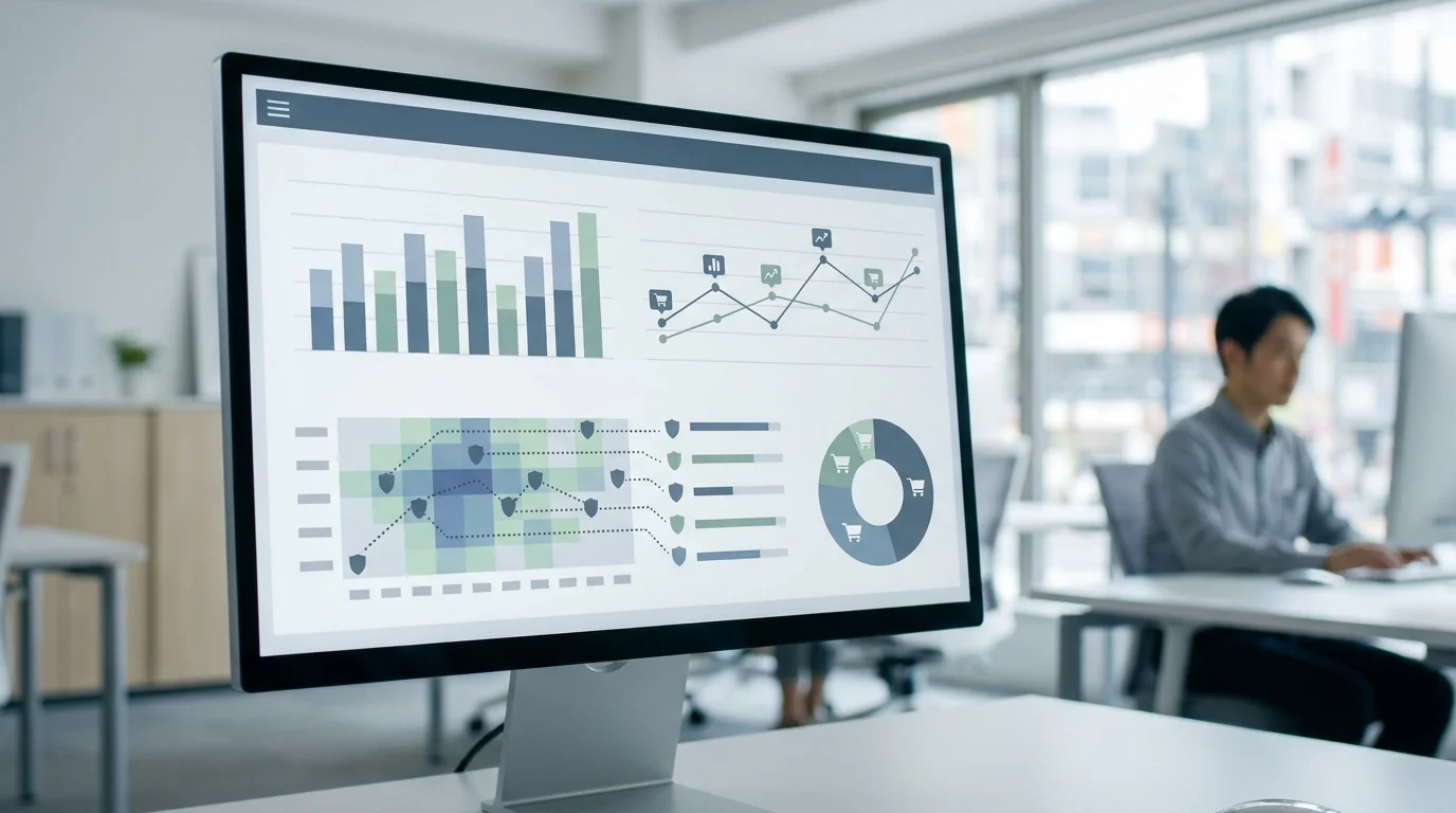 A high-tech digital interface displaying e-commerce performance metrics including sales trends, conversion funnels, and ranking fluctuations on a sleek monitor in a professional environment.