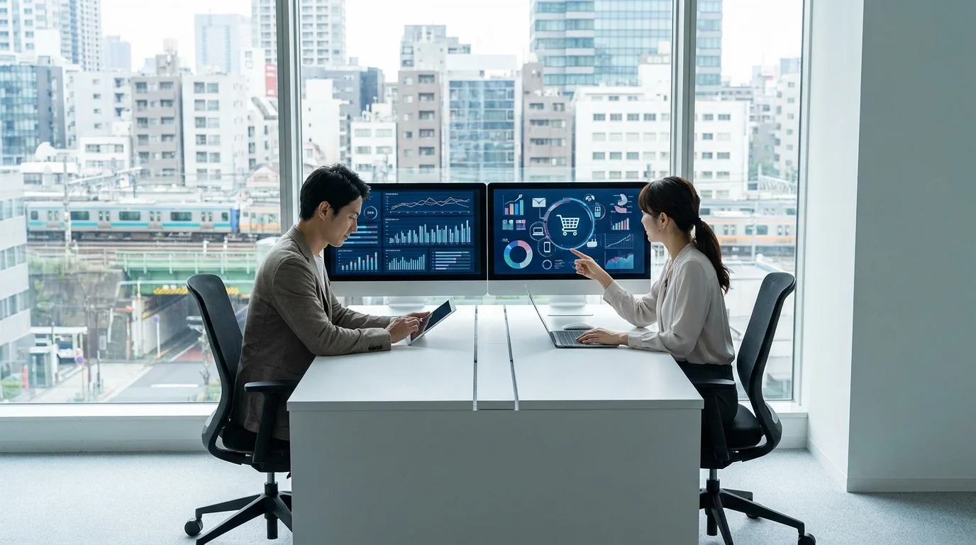 A Japanese data analyst and a Japanese store manager reviewing search performance charts on a laptop screen in a modern Tokyo office setting, focusing on keyword optimization data.