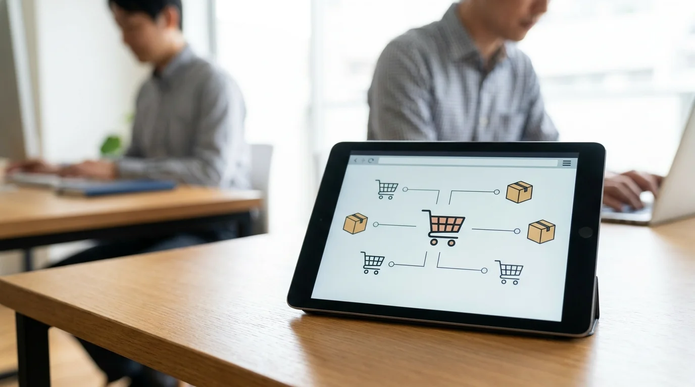A high-tech digital dashboard displaying various e-commerce advertising performance metrics including CPC, CTR, and ROAS on a sleek tablet screen placed on a minimalist Japanese office desk.
