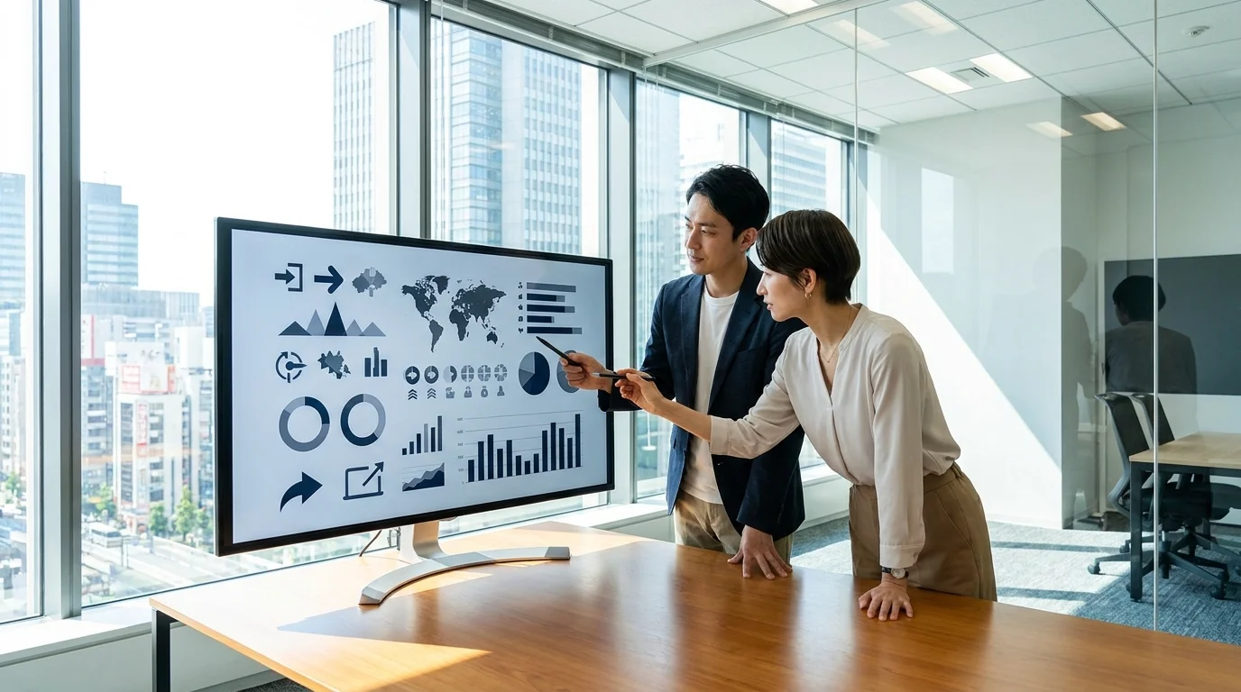 Detailed architectural view of a data analysis report showing keyword clustering and search volume trends, with a Japanese data analyst pointing at specific metrics on a large high-resolution monitor in a Tokyo tech hub.