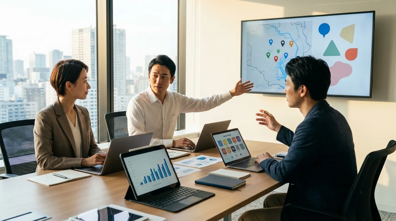 A professional Japanese marketing team brainstorming in a modern Shibuya office, reviewing high-quality video content on multiple screens to optimize social commerce engagement for a local lifestyle brand.