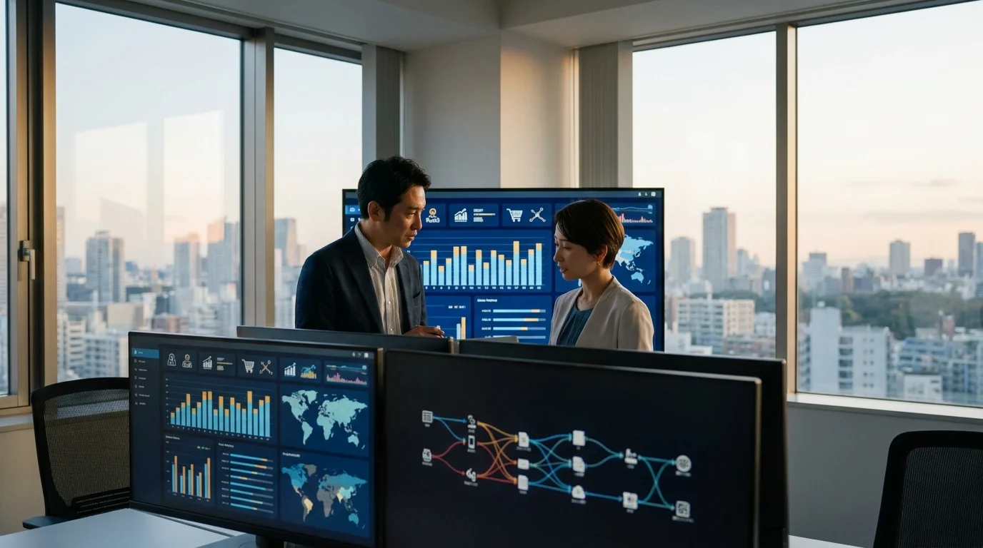 A sophisticated visualization of a data feed management flow, showing Japanese data analysts monitoring real-time inventory synchronization between an e-commerce backend and Google Merchant Center on multiple large displays in a modern Tokyo office.