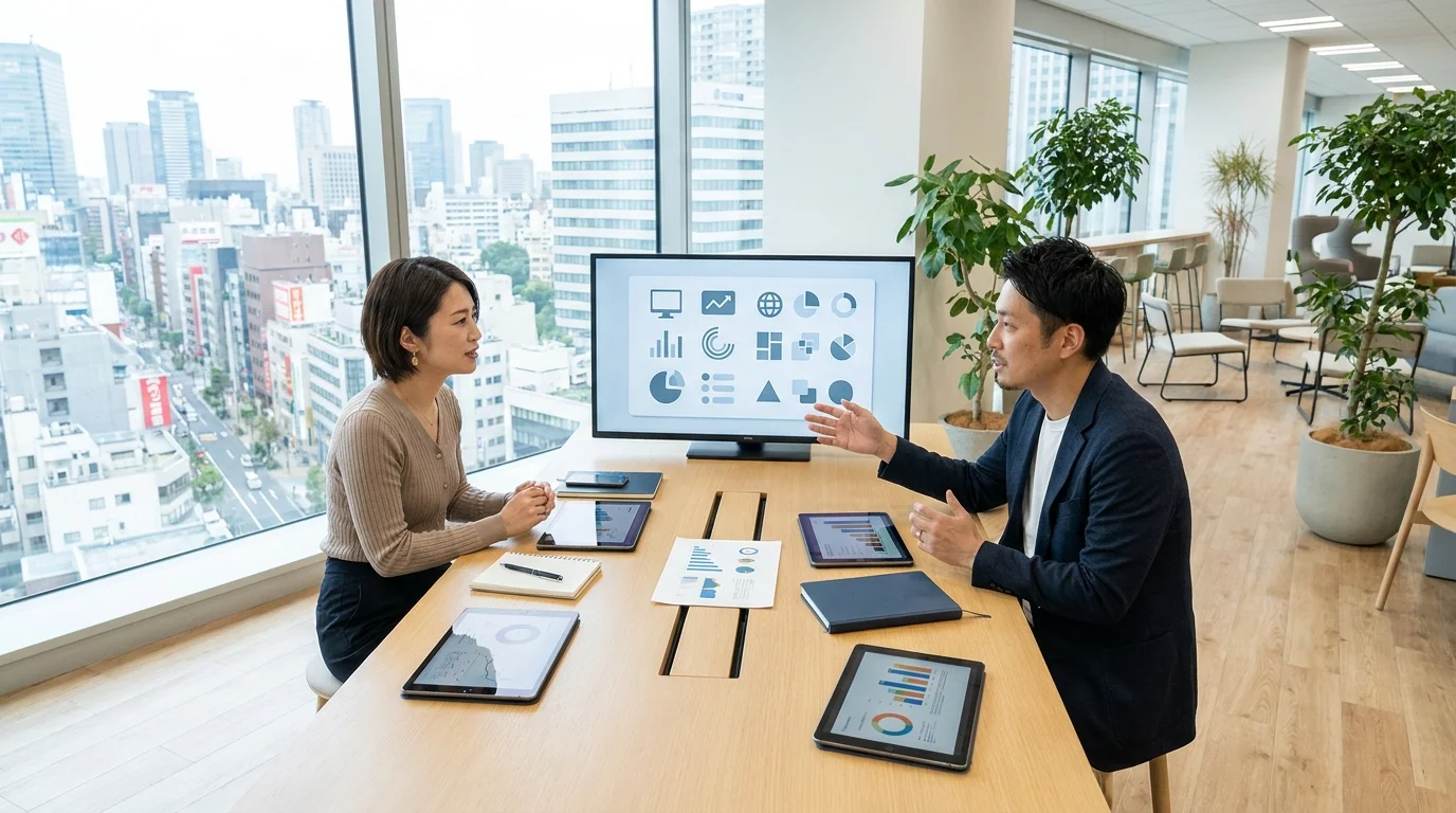 A detailed close-up of a laptop screen showing a split-test analysis of product images, with Japanese marketing professionals in a bright, contemporary workspace discussing heatmaps and conversion metrics to improve Google Shopping performance.