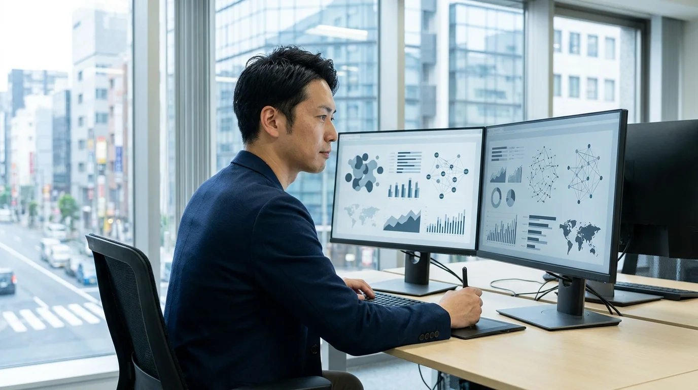 A Japanese data analyst meticulously reviewing heatmaps and creative performance charts on a dual-monitor setup in a Tokyo-based digital marketing agency. The workspace is professional, featuring Japanese business documents and a clean, organized environment.
