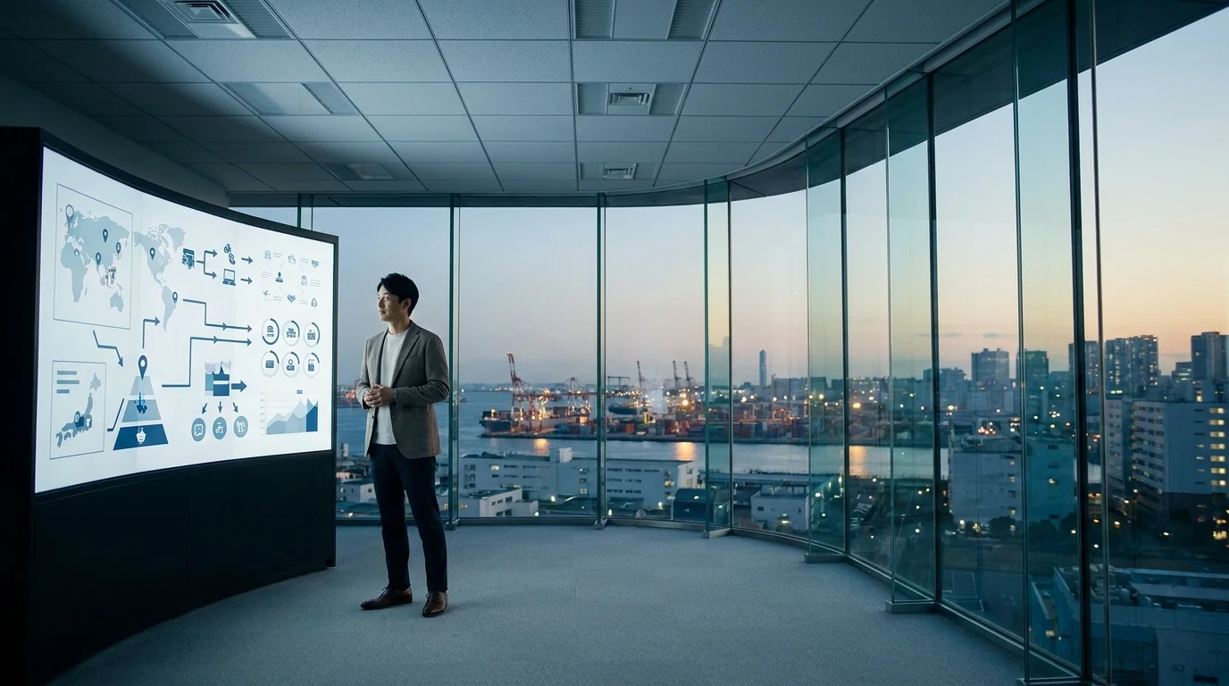 A conceptual visual representing EC consulting strategy and 3C analysis, featuring a clean Japanese office environment with digital dashboards displaying growth charts and data metrics on large screens, illustrating a professional business planning atmosphere.