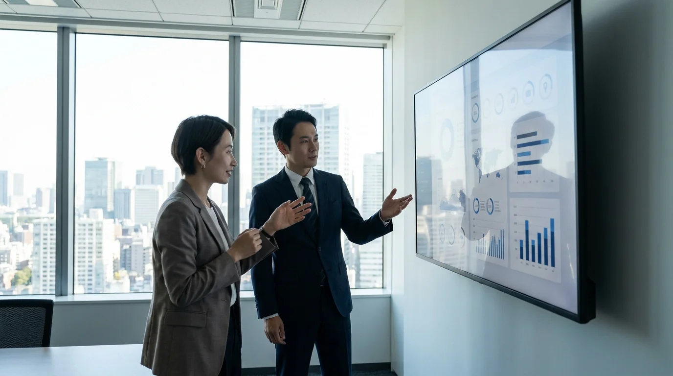 Two Japanese business professionals in a modern Tokyo office, a Japanese male executive and a Japanese female consultant, analyzing performance data on a tablet device. They are focused on a data visualization chart, representing a strategic partnership in EC consulting.