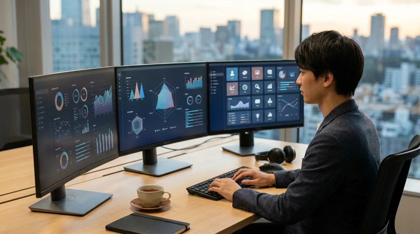 A high-tech workspace showing multiple computer monitors with complex data analytics, heatmaps, and e-commerce sales funnels. No people are present, focusing on the technical and analytical rigor required for successful EC management.