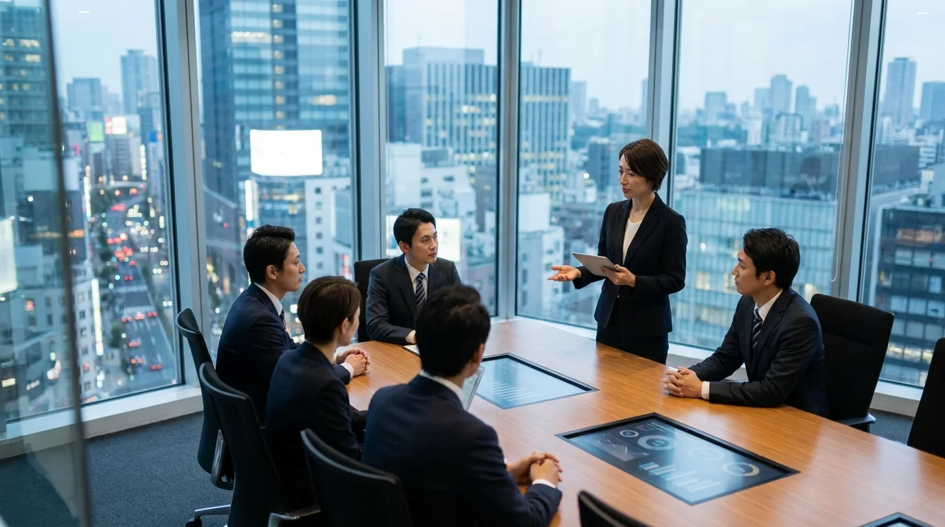 A professional Japanese business meeting in a modern conference room where Japanese executives are discussing e-commerce strategy maps and financial charts. No brand logos are visible.