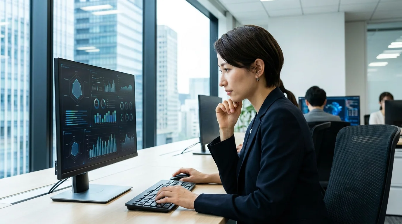 A professional Japanese data strategist in a minimalist modern office analyzing complex e-commerce performance charts on a large glass screen, focused on optimizing profitability and operational transparency.