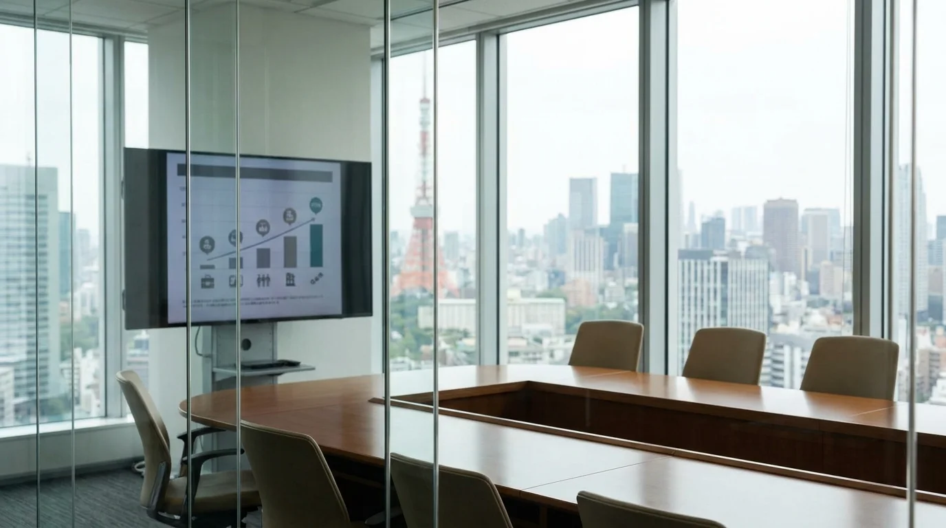 A tactical meeting scene in a high-rise Tokyo office where Japanese business leaders are reviewing a digital roadmap for e-commerce scaling, emphasizing strategic resource allocation and decision-making.