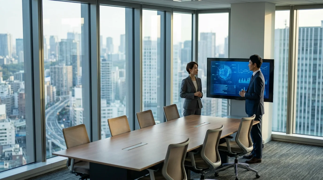 Strategic business planning session with international market analysis data visible on screens in a professional environment.