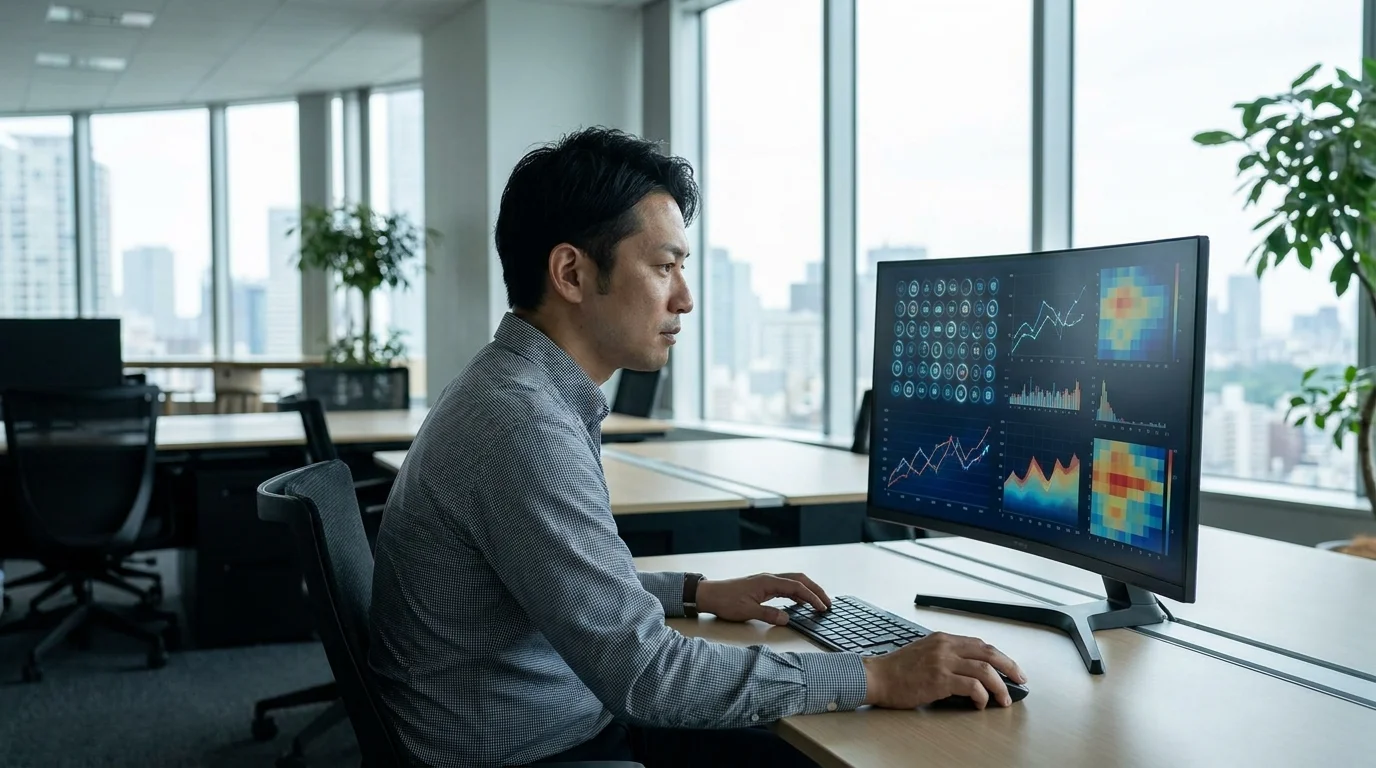 A Japanese data analyst monitoring a digital dashboard displaying real-time Rakuten RPP advertising performance metrics in a modern office in Tokyo.