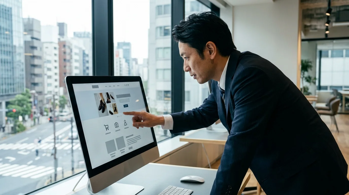 Digital representation of coupon distribution logic and Japanese store manager analyzing customer segmentation data on a tablet screen.