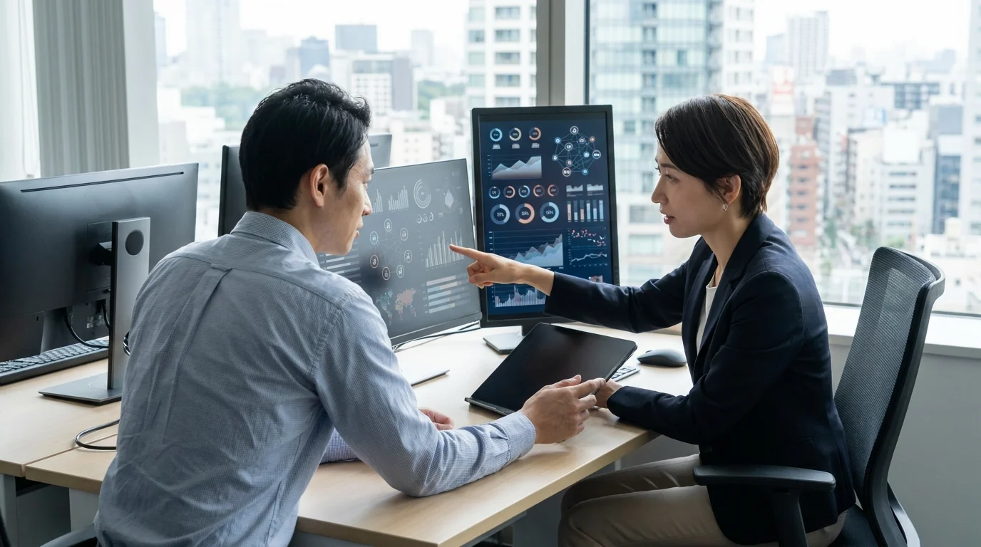 Japanese data analysts working in a Tokyo office, reviewing complex sales analytics on large monitors. The scene shows high-tech data visualization charts in a professional and strategic business environment.