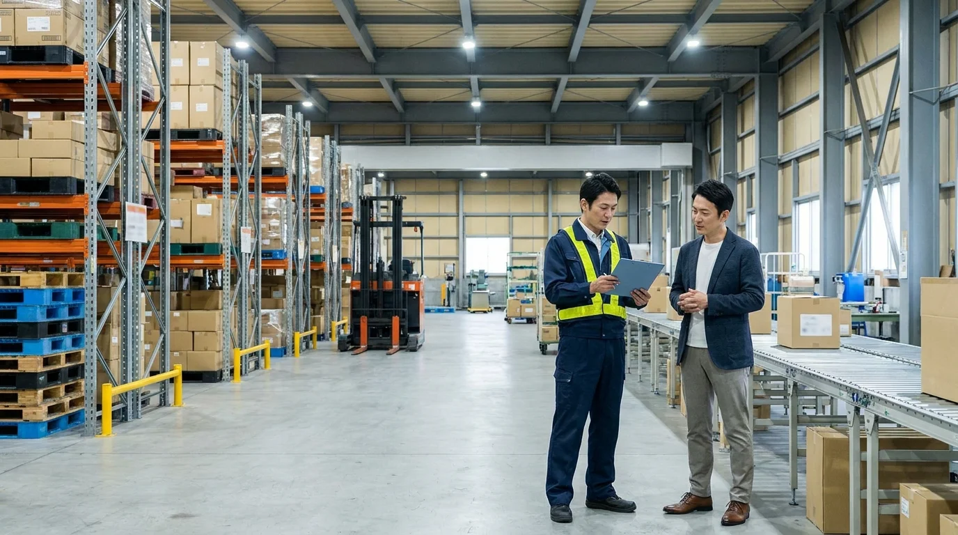 A modern Japanese logistics warehouse interior showing automated sorting systems and organized packages. The scene highlights efficiency and the scale of operations required to handle high-volume orders during a major sales event.