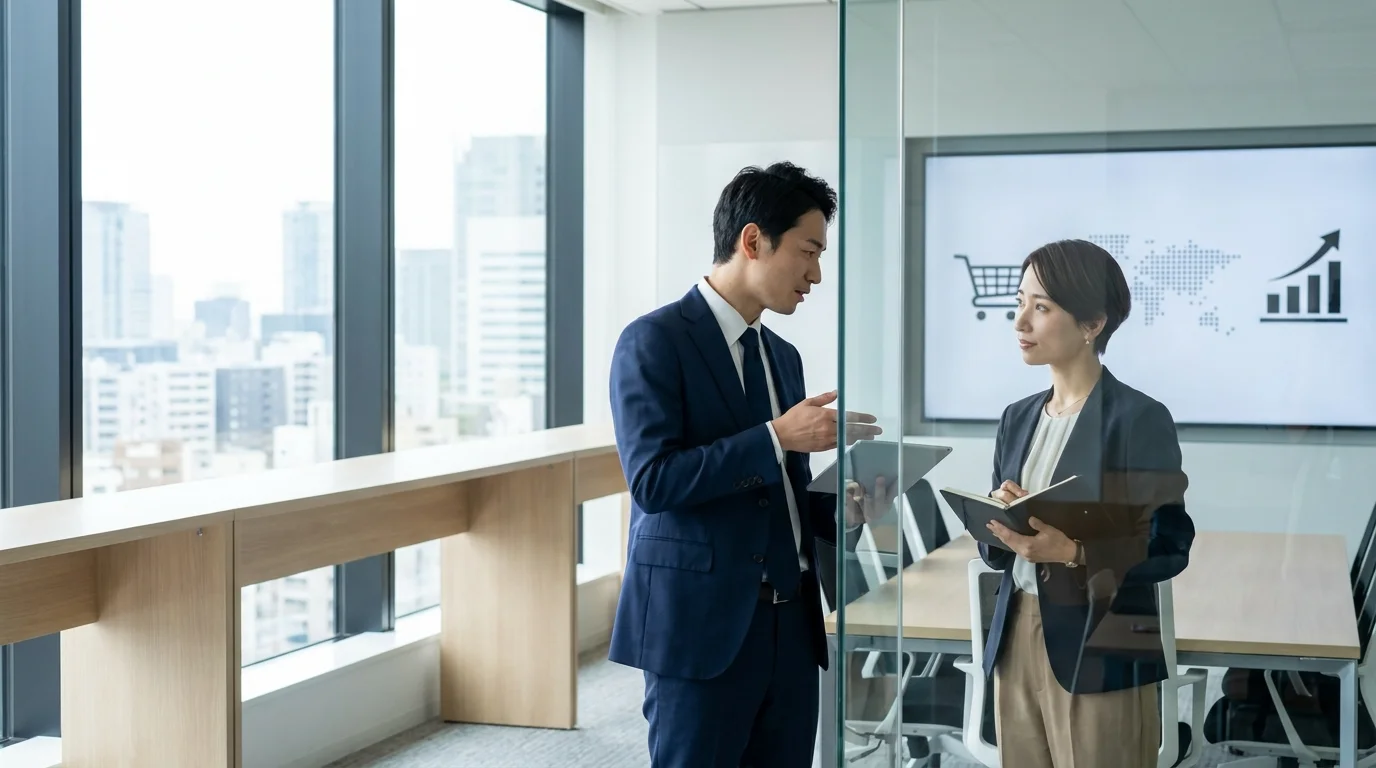 A sophisticated digital dashboard showing e-commerce sales growth, conversion rates, and marketing analytics on a large monitor in a clean, modern Japanese office environment.
